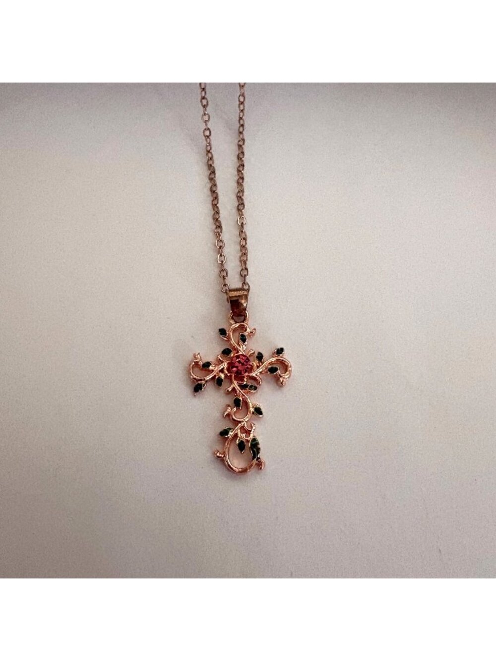 Rose Gold Tone Cross Pendant Chain Necklace Pink Rhinestone Green Leaves